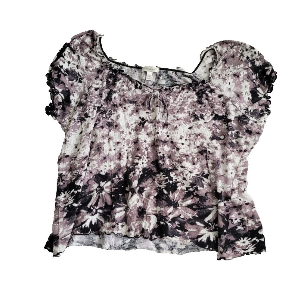Dressbarn Womens Blouse 3X Purple Floral Cottage Core Peasant Milkmaid Boho